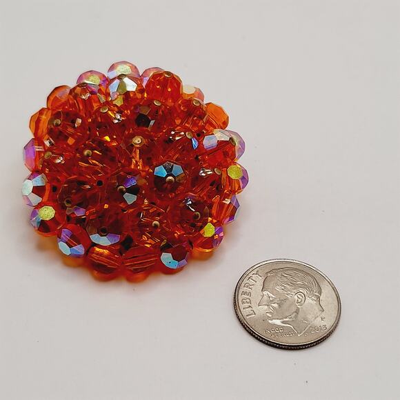 Vintage Orange AB Crystal Bead Brooch Round Layered 1.5" C Clasp - Picture 6 of 7